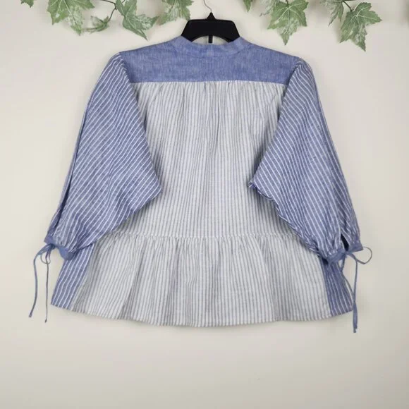 JW Anderson Uniqlo Sz L Linen Blend Boho Blue White Striped Tie Neck Top Blouse - Picture 5 of 7